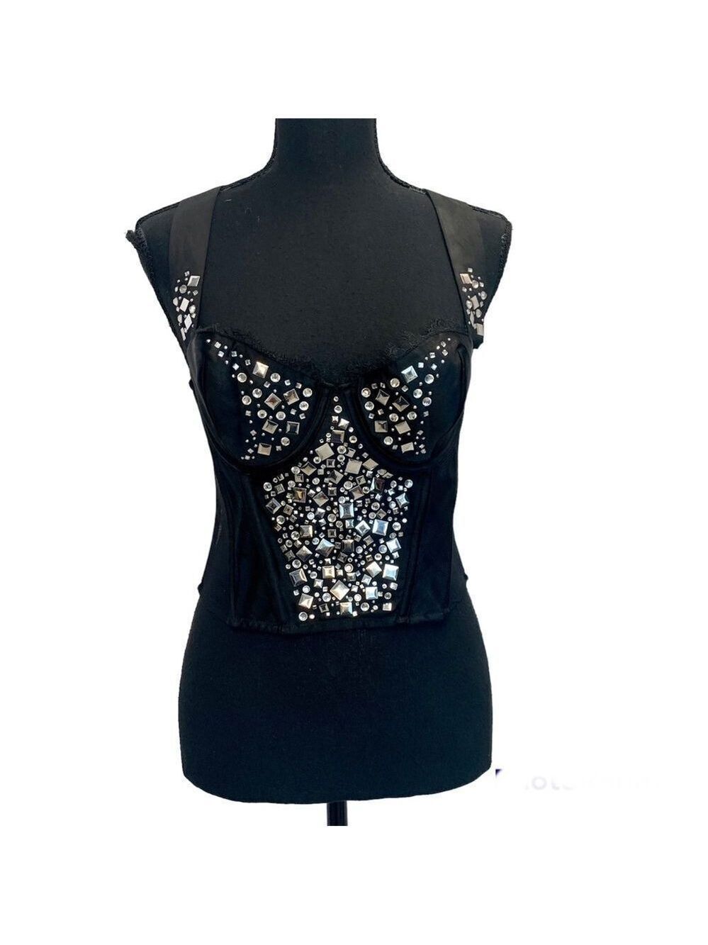 VICTORIA’S Secret black metallic silver stud rhinestone bustier corset 36C NWOT